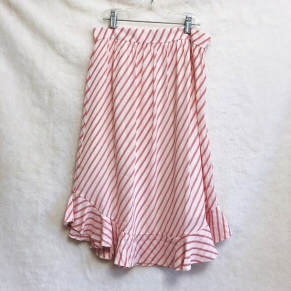 LOFT Pink and White Striped Ruffle Hem Skirt - Picture 1 of 8